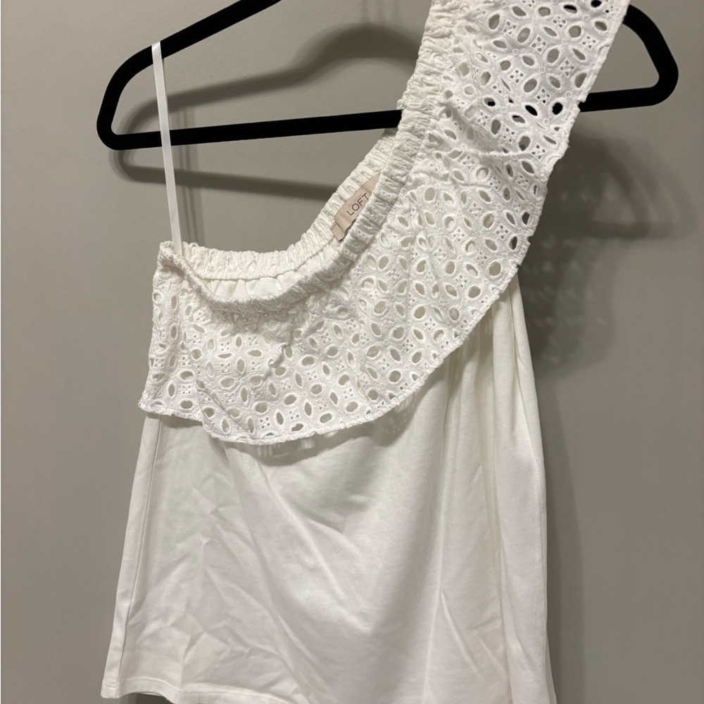 LOFT White Asymmetrical Eyelet  Blouse